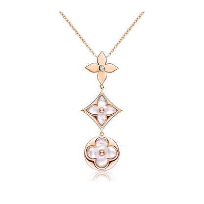 [AuraEcho Jewelry]COLOR BLOSSOM LARIAT NECKLACE PINK GOLD WHITE MOTHER PEARL AND DIAMOND